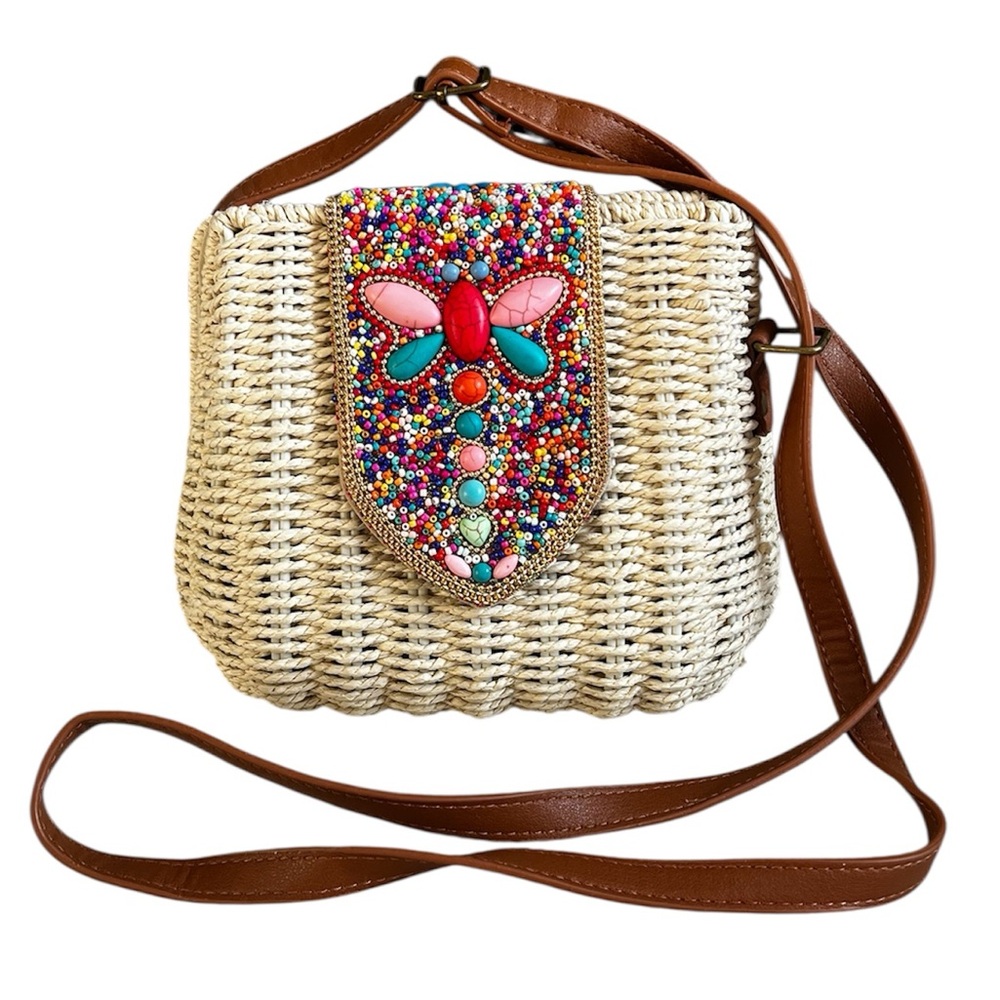 Brand New Women’s Cream Basket & Faux Brown Leather Purse w/ Colourful Beads
